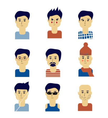 Man avatar with different emotions and in different situtations and outfits. Vector graphic illustrationのイラスト素材