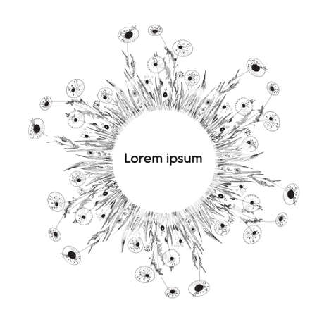 Wreath floral black and white with dandelions. Vector illustration, hand drawn designのイラスト素材