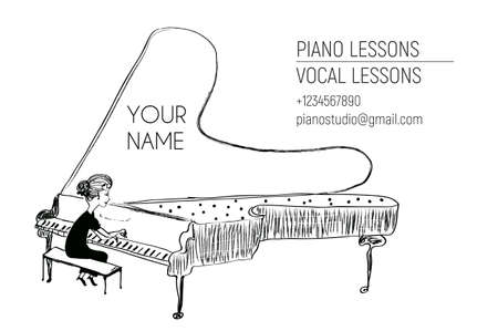 Pianist business card - woman at the piano. Vector graphic illustrationのイラスト素材