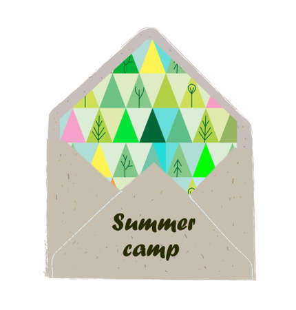 Summer camp invitation with envelope and trees pattern. Vector graphic illustrationのイラスト素材
