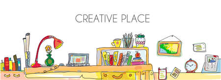 Creative place with laptop, books, home interior banner. Vector graphic illustrationのイラスト素材