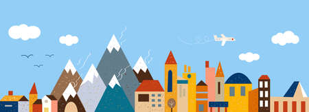 Cute town banner for travel and outdoor backgrounds. Vector graphic illustrationのイラスト素材