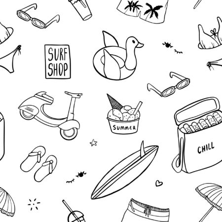 Summer themed flat vector seamless pattern on a transparent background with summer, beach and general travel accessories for a beautiful vacation by the sea or the oceanのイラスト素材