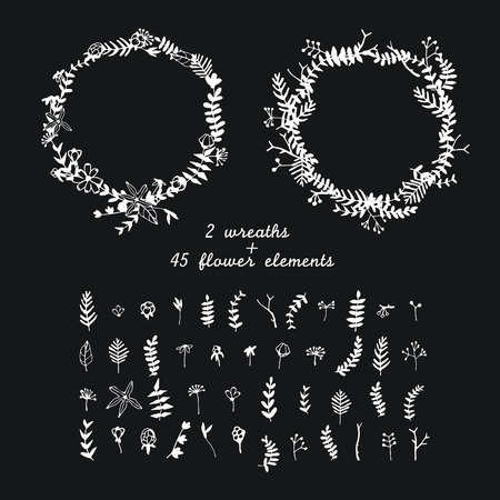 Set of hand drawn flower and leaves wreath and floral elements.のイラスト素材