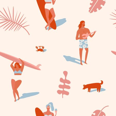 Tropical summer beach pattern in vector. Surfing beach waves retro illustration.