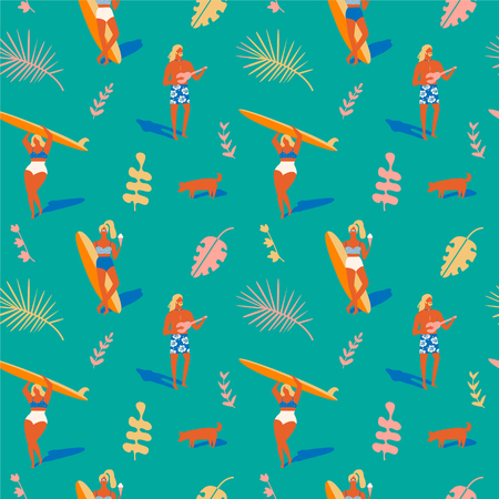Hawaiian beach summer pattern. Retro beach tropical illustration in vector. Surfing pattern collection.のイラスト素材