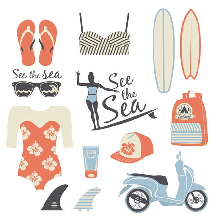 Beach style. Surfer girl retro vector set. Vintage surf elements.のイラスト素材