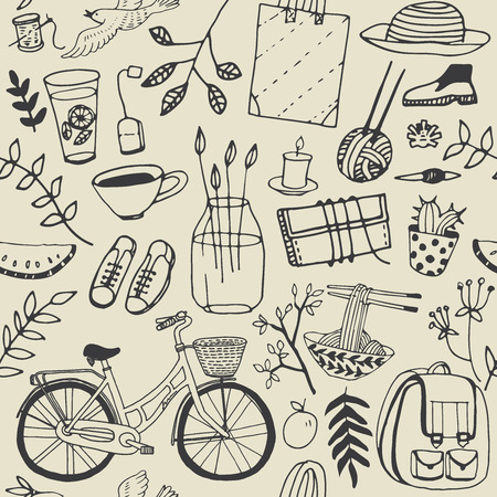 Summer good mood doodles set. Hand draw flowers, bicycle, backpack, food. Illustration, cute background.のイラスト素材