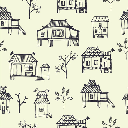 Hand drawn traditional Thai houses. Seamless pattern in vector.のイラスト素材