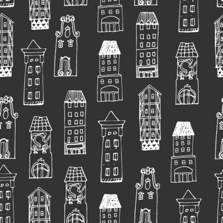 Set of Hand drawn houses. Seamless pattern with hand-drawn European architecture.のイラスト素材