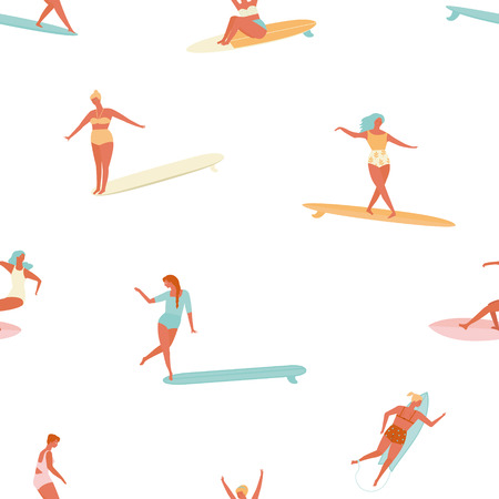 Girl surfer in bikini seamless pattern. Flat style illustration. Summer beach surfing illustration.のイラスト素材