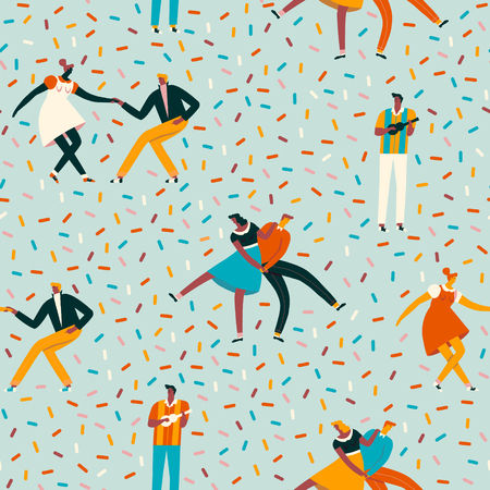 Dancing couples in 50s retro style seamless pattern in vector. Cartoon characters illustration.のイラスト素材