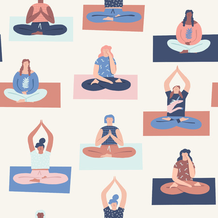 Yoga group with people meditating and doing breathing exercise seamless pattern in vector.のイラスト素材