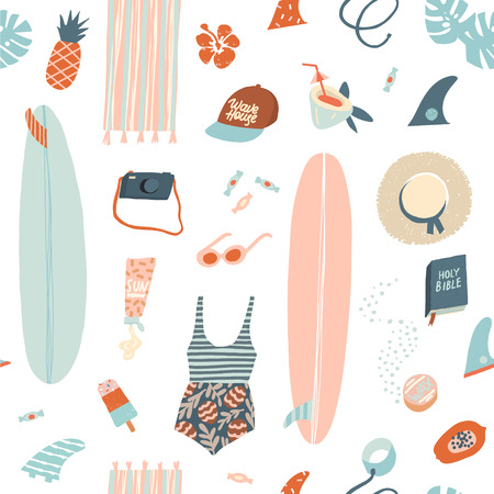 Surfer summer beach objects seamless pattern in vector. Summertime illustration in vector.のイラスト素材