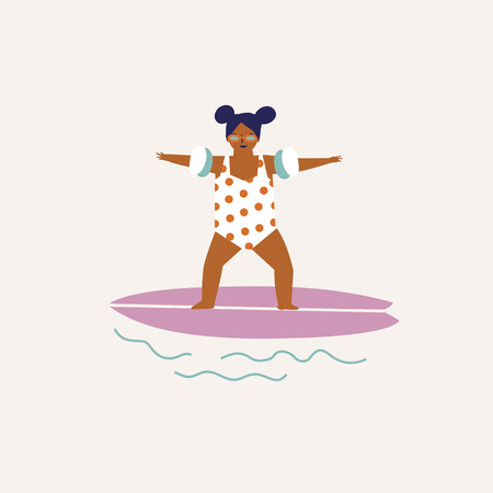 Kids surfing illustration in vector. Summer travel poster or cardのイラスト素材