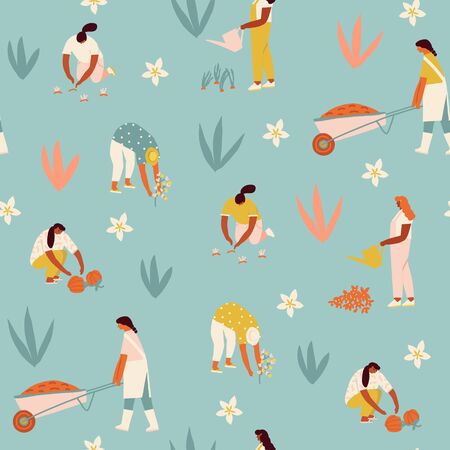 Farmer gardener cartoon girl growing vegetables and flowers on the farm illustration in vector. Gardening and harvesting seamless pattern.のイラスト素材