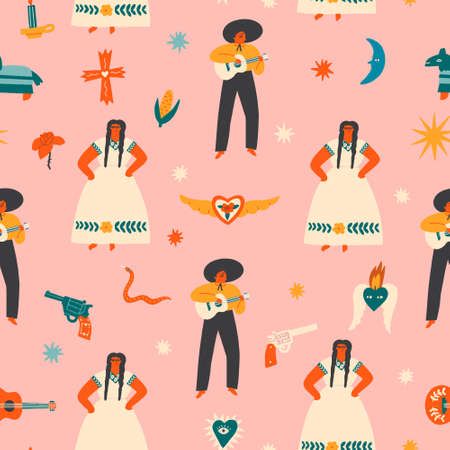 Latin Mexican Seamless pattern with dancing, partying and celebrating people in folk traditional costumes. Vector illustrationのイラスト素材