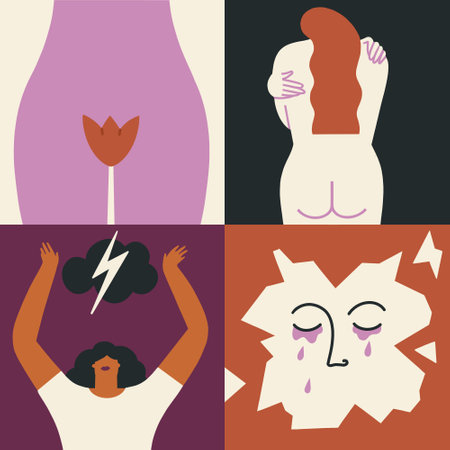 Mental women health illustration set. Depression, mentally broken state of mind, anger, expression emotions. Vector illustrationのイラスト素材