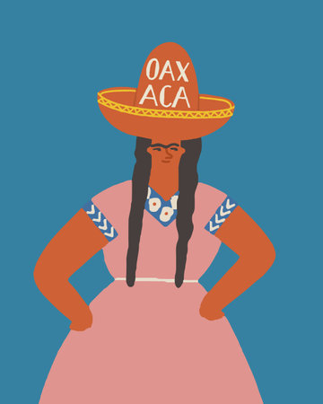 Oaxaca Mexica card with a mexican women wearing traditional dress and sombrero hat. Vector illustrationのイラスト素材