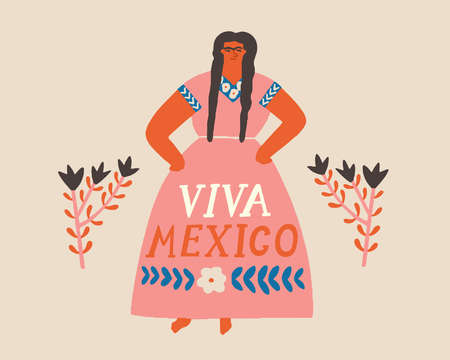 Viva Mexico card with a mexican women wearing traditional dress and surrounding with decorative flowers in folk style. Vector illustrationのイラスト素材