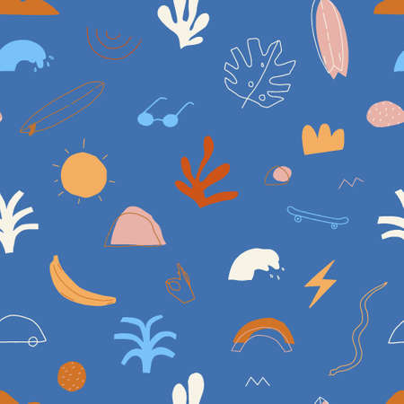 Contemporary summer seamless pattern with abstract shapes, floral and freehand draw elements. Skate and surf funky print. Vector illustrationのイラスト素材