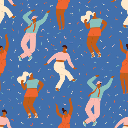 Dancing disco party illustration. Funny cartoon characters dancing together seamless pattern. High quality photoのイラスト素材