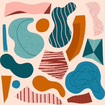 Modern abstract paper cut pieces seamless pattern. Different shapes and hand drawn textures. Vector illustrationのイラスト素材