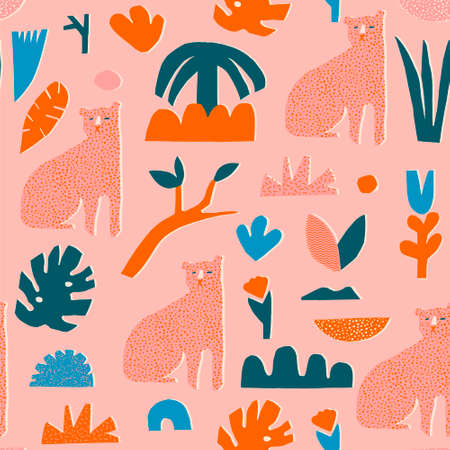 Leopards sitting in the jungle, surrounding by various of tropical plants Paper cut out collage illustration in vector. Vector illustrationのイラスト素材
