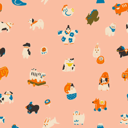 Japanese folk traditional vintage toys seamless pattern. Daruma, maneki neko, cats and dogs dolls. Vector illustrationのイラスト素材