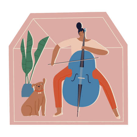 Women at home playing violoncello with dog listening the music. Hobbies and social distancing activities during virus epidemic quarantine illustration. Vector illustrationのイラスト素材