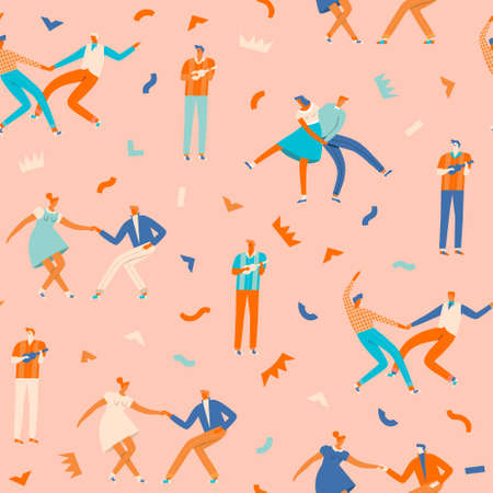 Dancing disco party illustration in vector. Funny cartoon characters dancing together seamless pattern. Vector illustrationのイラスト素材