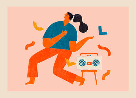 Women at home listening the music, dancing and singing. Vector illustrationのイラスト素材