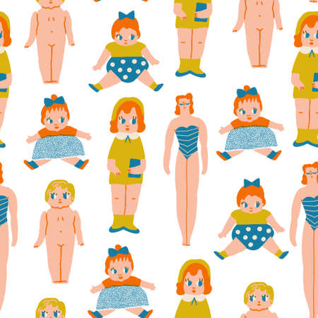 Funny vintage dolls seamless pattern. Retro 50s design toys. Vector illustrationのイラスト素材