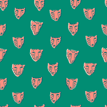 PrintPanther or cheetah funny heads seamless pattern. Cats contemporary repeat print. Isolated animals heads on the green background.のイラスト素材