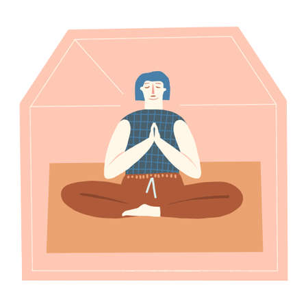 Women doing meditation, stay in peaceful mind state at home in self isolation quarantine during virus epidemic illustration. Vector illustrationのイラスト素材