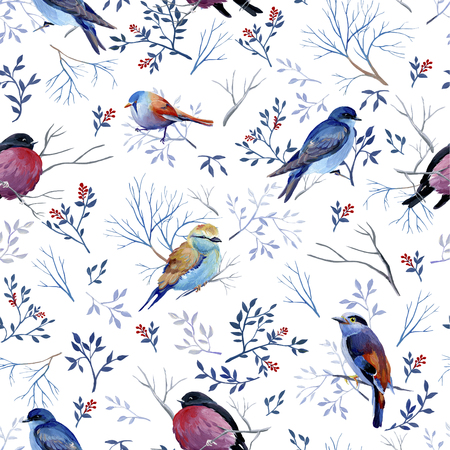 Seamless pattern of gouache birds on white bakground. Average version of birds. Natural cliparts for wedding design, artistic creation.の写真素材