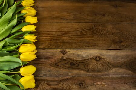 Yellow tulips bunch on wooden background. Spring flowers. Flowers greeting.  Flowers postcardの写真素材