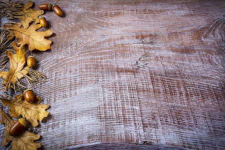 Border of oat, acorn and fall leaves on the old wooden background. Thanksgiving background with seasonal symbols.の写真素材