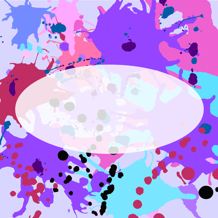 Turquoise purple pink artistic ink splashes vector background. Greeting card or invitation template with semi-transparent ellipse frame for textのイラスト素材