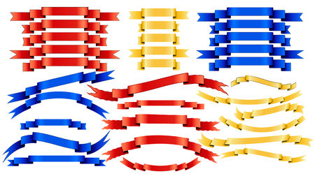 Set of vector blue red golden silk ribbons on white background. Banner shapes sticker, label and decoration collection.のイラスト素材