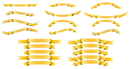 Set of vector golden silk ribbons on white background. Banner shapes sticker, label and decoration collection.のイラスト素材
