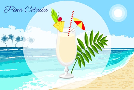 Pina Colada cocktail vector cartoon style on the seaside background. Summer long drink isolated on white for restaurant, bar menu or beach party banner and flyerのイラスト素材