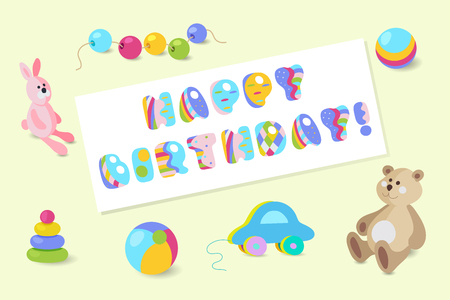 Happy Birthday typographic vector with  colorful baby toy design for greeting cards, invitationsのイラスト素材