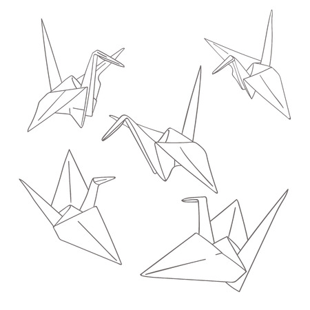 Set of outline hand drawn  Japanese paper craft origami birds isolated on white backgroundのイラスト素材