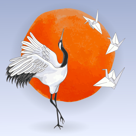 The red-crowned Japanese dancing crane and white paper origami birds over sunsetのイラスト素材