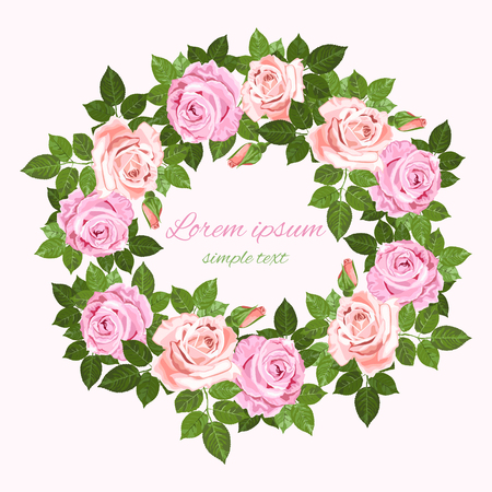 Vector Save the date wedding invitations with pink and beige roses wreath on the white background. Floral design for greeting cardのイラスト素材