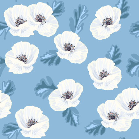 Tender white vector anemones and blue leaves on the blue background seamless patternのイラスト素材