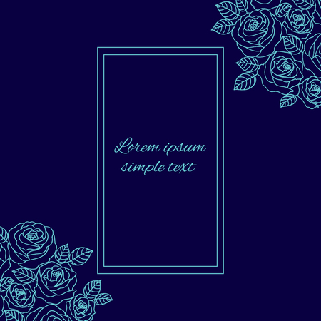Wedding invitations with vector pale blue outline roses wreath and rectangular frame on the navy blue background. Floral design for greeting card, copy spaceのイラスト素材