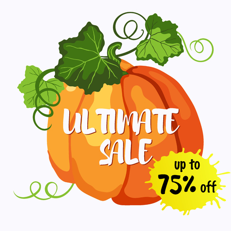 Ultimate sale up to 75% off sticker vector design with orange ripe pumpkin, green leaves and stems on the white background.のイラスト素材