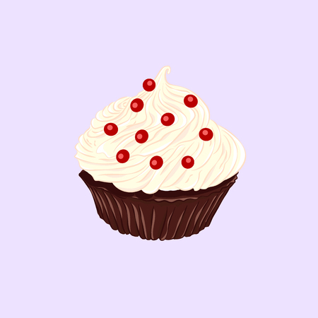 Cartoon style chocolate cupcake with vanilla whipped cream and red berry vector icon isolated on the white backgroundのイラスト素材